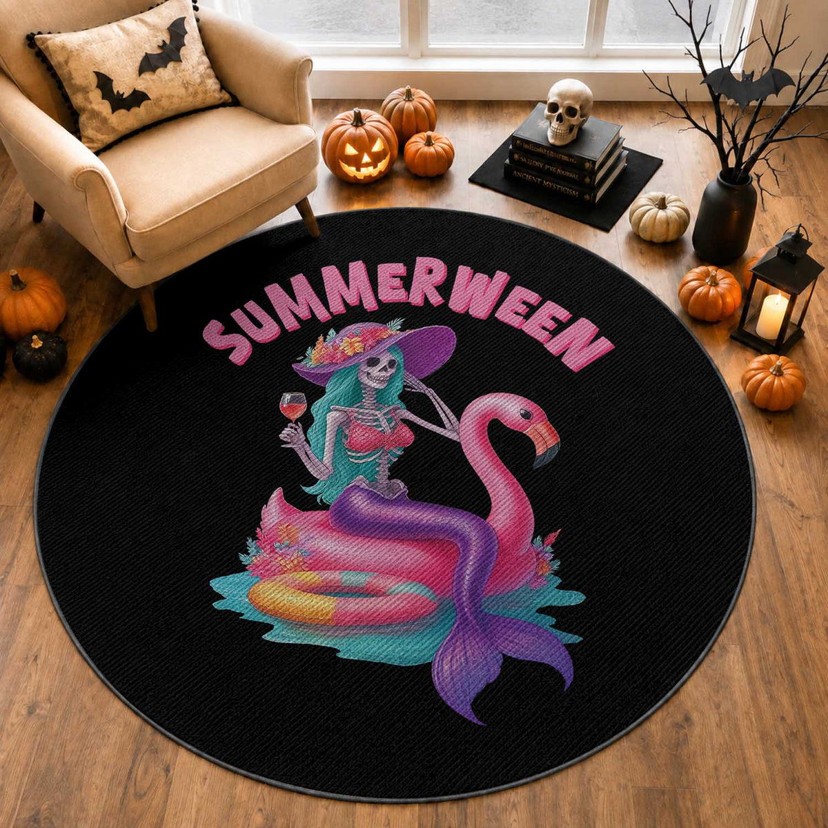 Summerween Mermaid Skeleton Round Rug Beach Flamingo Halloween Girl