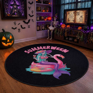 Summerween Mermaid Skeleton Round Rug Beach Flamingo Halloween Girl