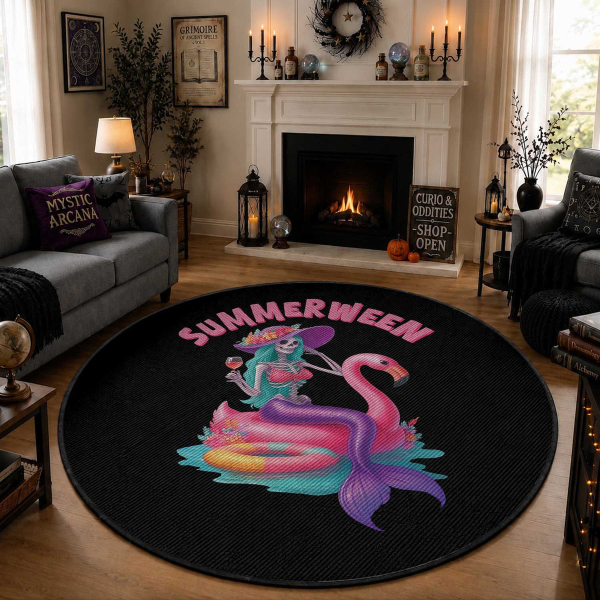 Summerween Mermaid Skeleton Round Rug Beach Flamingo Halloween Girl
