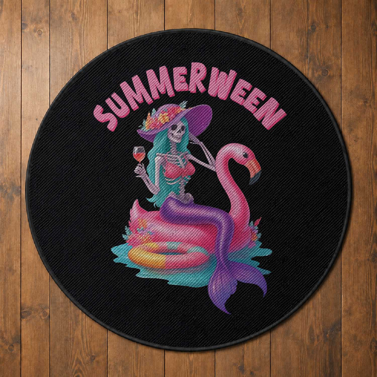 Summerween Mermaid Skeleton Round Rug Beach Flamingo Halloween Girl