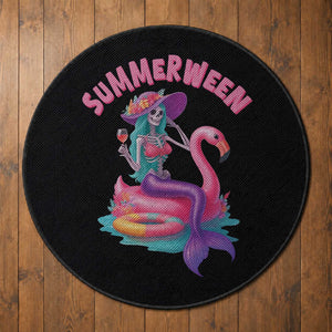 Summerween Mermaid Skeleton Round Rug Beach Flamingo Halloween Girl