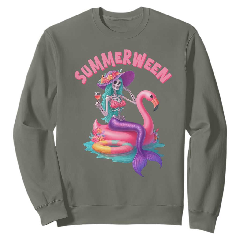 Summerween Mermaid Skeleton Sweatshirt Beach Flamingo Halloween Girl TS10 Military Green Print Your Wear