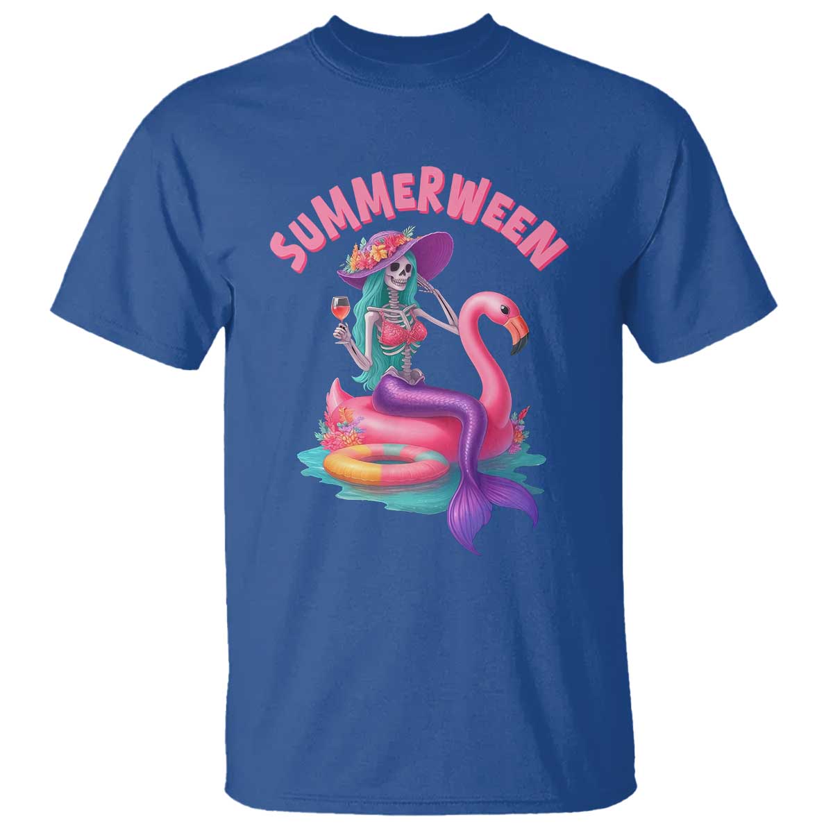 Summerween Mermaid Skeleton T Shirt Beach Flamingo Halloween Girl TS10 Royal Blue Print Your Wear