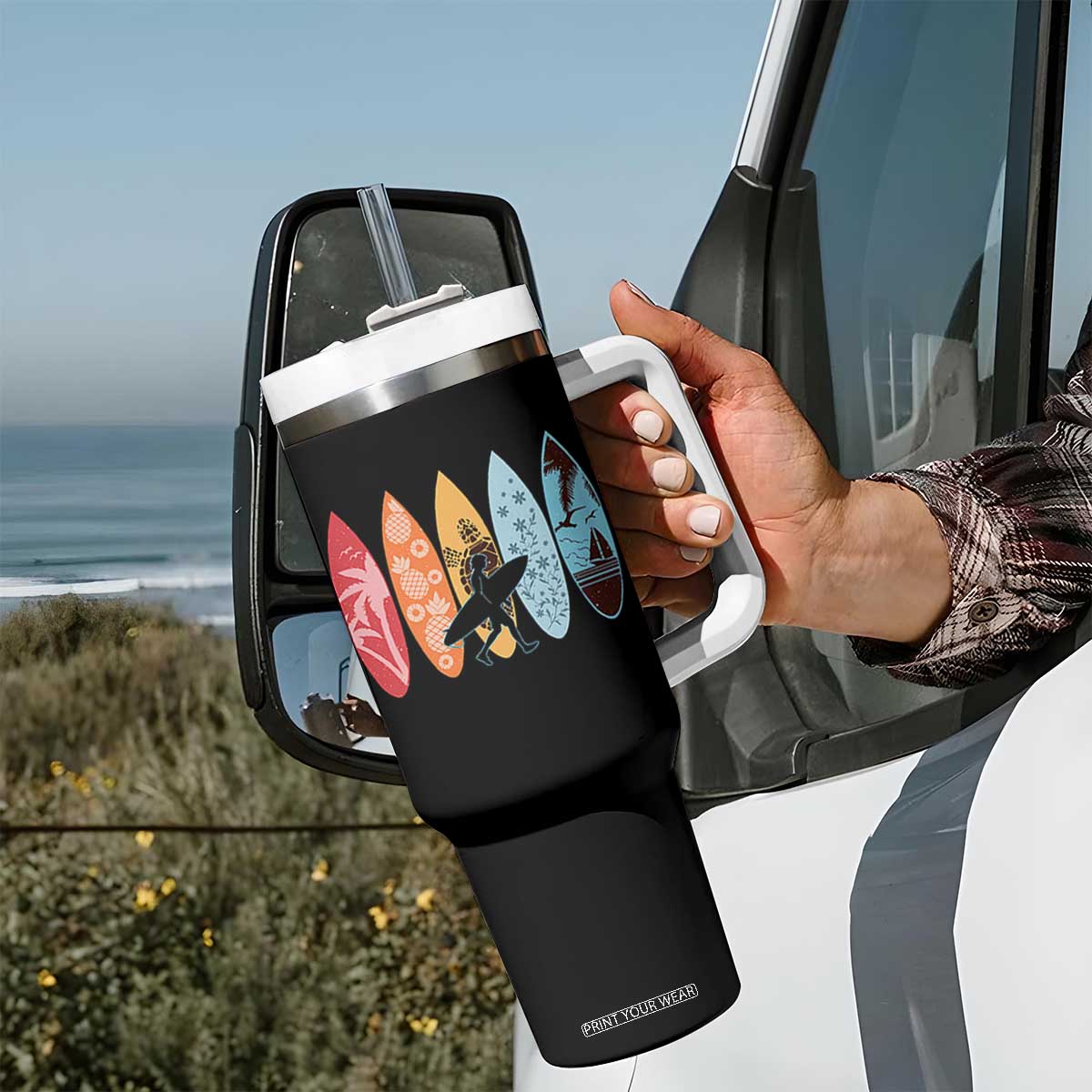 Surfboarder Tumbler With Handle Hawaii Wave Surfing Surfboard Lover Beach Surfer TS10 Print Your Wear