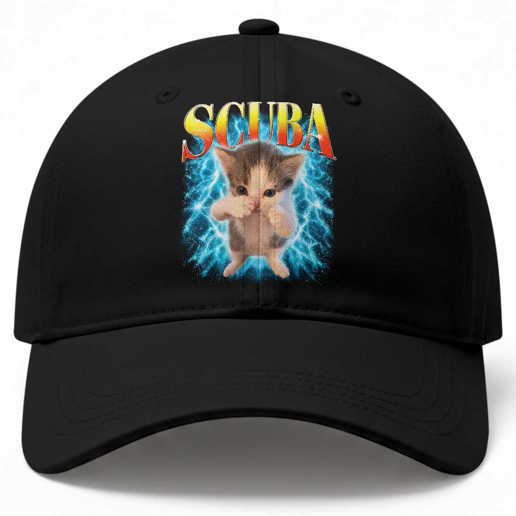 Funny Cat Scuba Dancing Meme 90s Retro Bootleg Graphic Baseball Cap