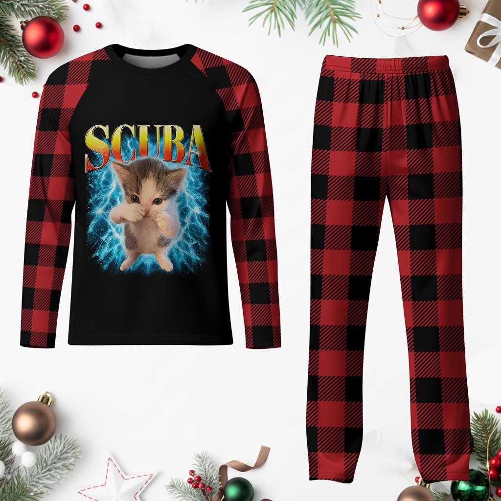 Funny Cat Scuba Dancing Meme 90s Retro Bootleg Graphic Plaid Pajama Set