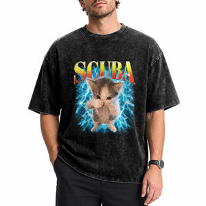Funny Cat Scuba Dancing Meme 90s Retro Bootleg Graphic Washed Cotton T-Shirt
