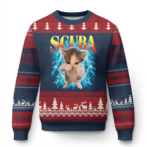 Funny Cat Scuba Dancing Meme 90s Retro Bootleg Graphic Ugly Christmas Sweater