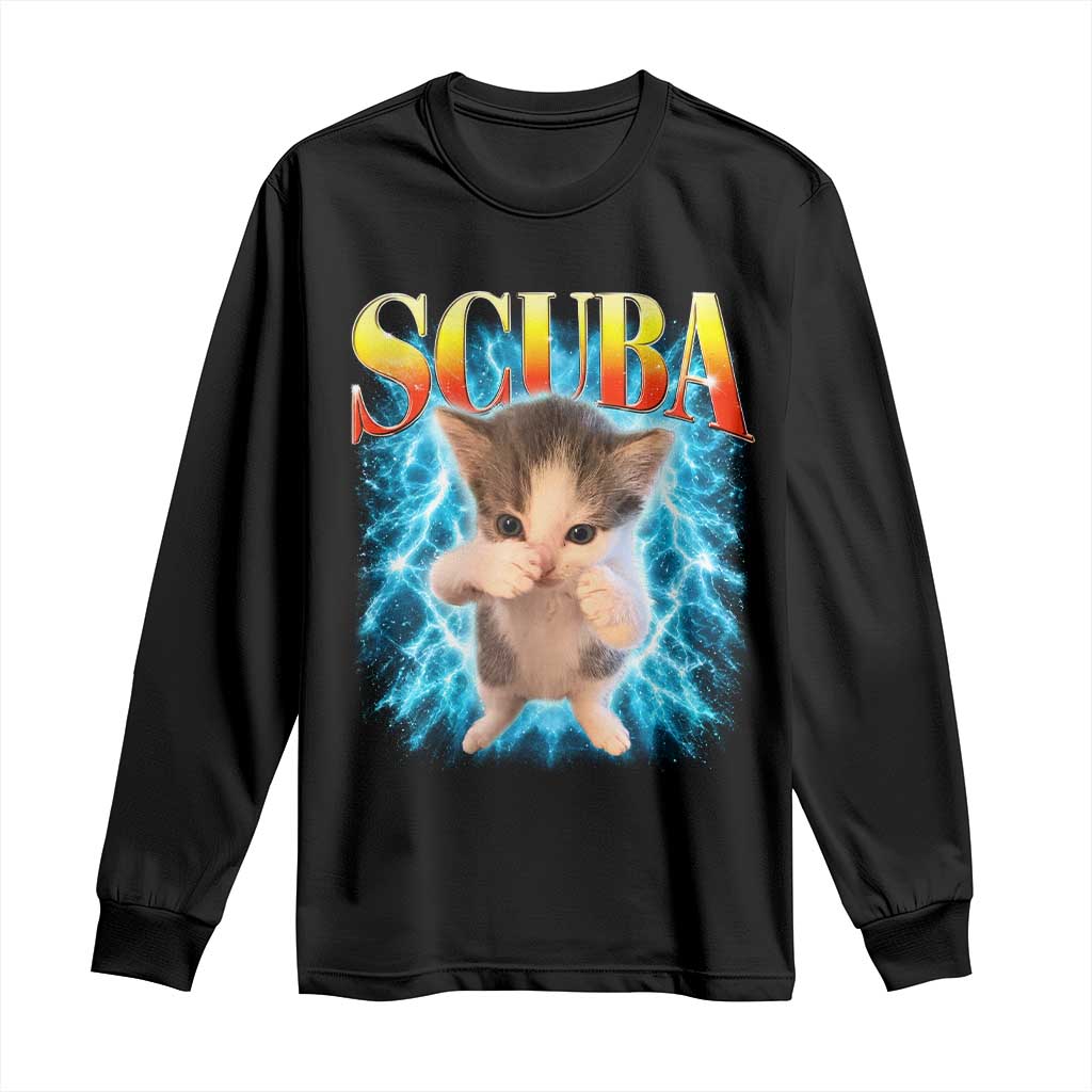 Funny Cat Scuba Dancing Meme 90s Retro Bootleg Graphic Long Sleeve Shirt