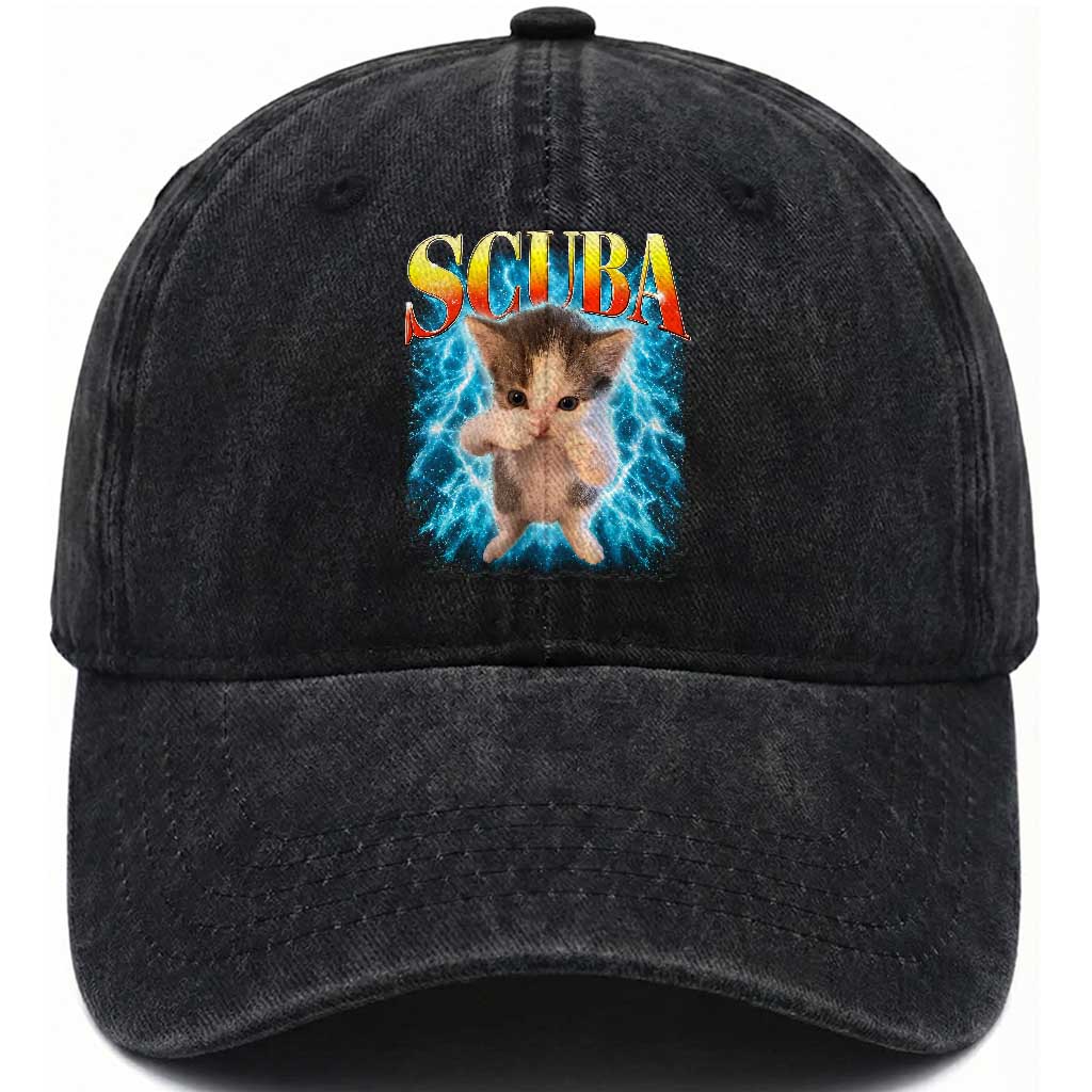 Funny Cat Scuba Dancing Meme 90s Retro Bootleg Graphic Washed Cotton Baseball Cap