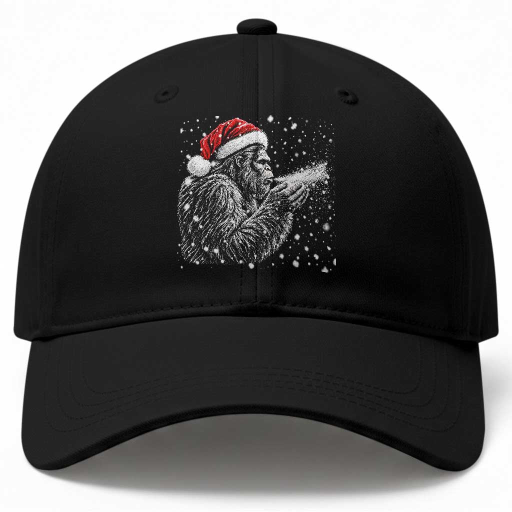 Christmas Bigfoot Blowing Snow Baseball Cap Vintage Sasquatch Santa Hat Winter Graphic