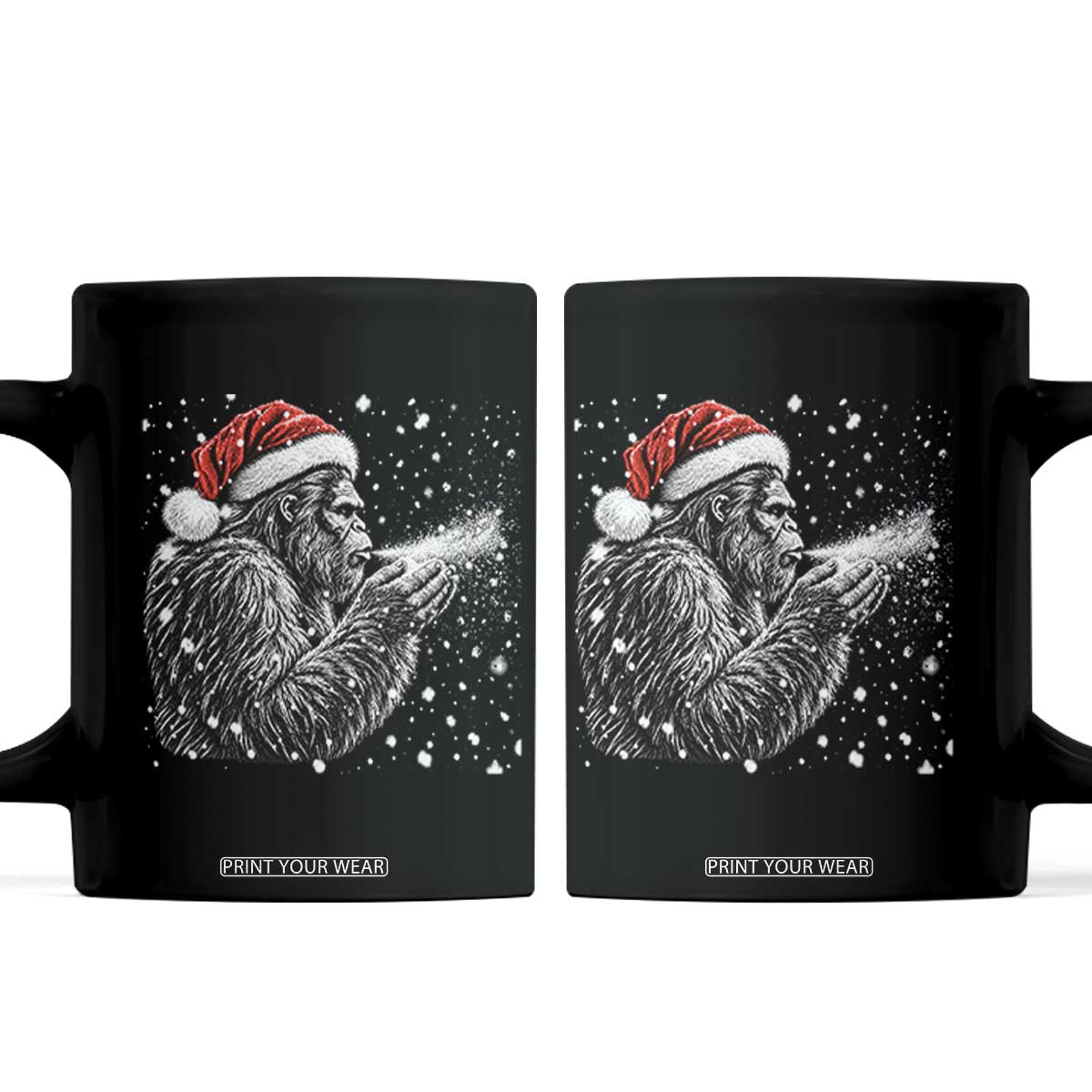 Christmas Bigfoot Blowing Snow Coffee Mug Vintage Sasquatch Santa Hat Winter Graphic
