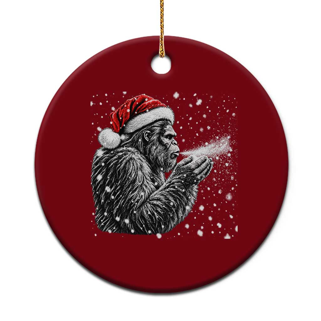 Christmas Bigfoot Blowing Snow Ceramic Ornament Vintage Sasquatch Santa Hat Winter Graphic