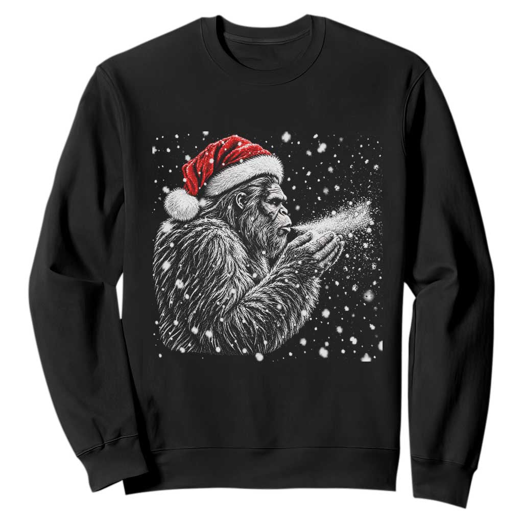 Christmas Bigfoot Blowing Snow Sweatshirt Vintage Sasquatch Santa Hat Winter Graphic