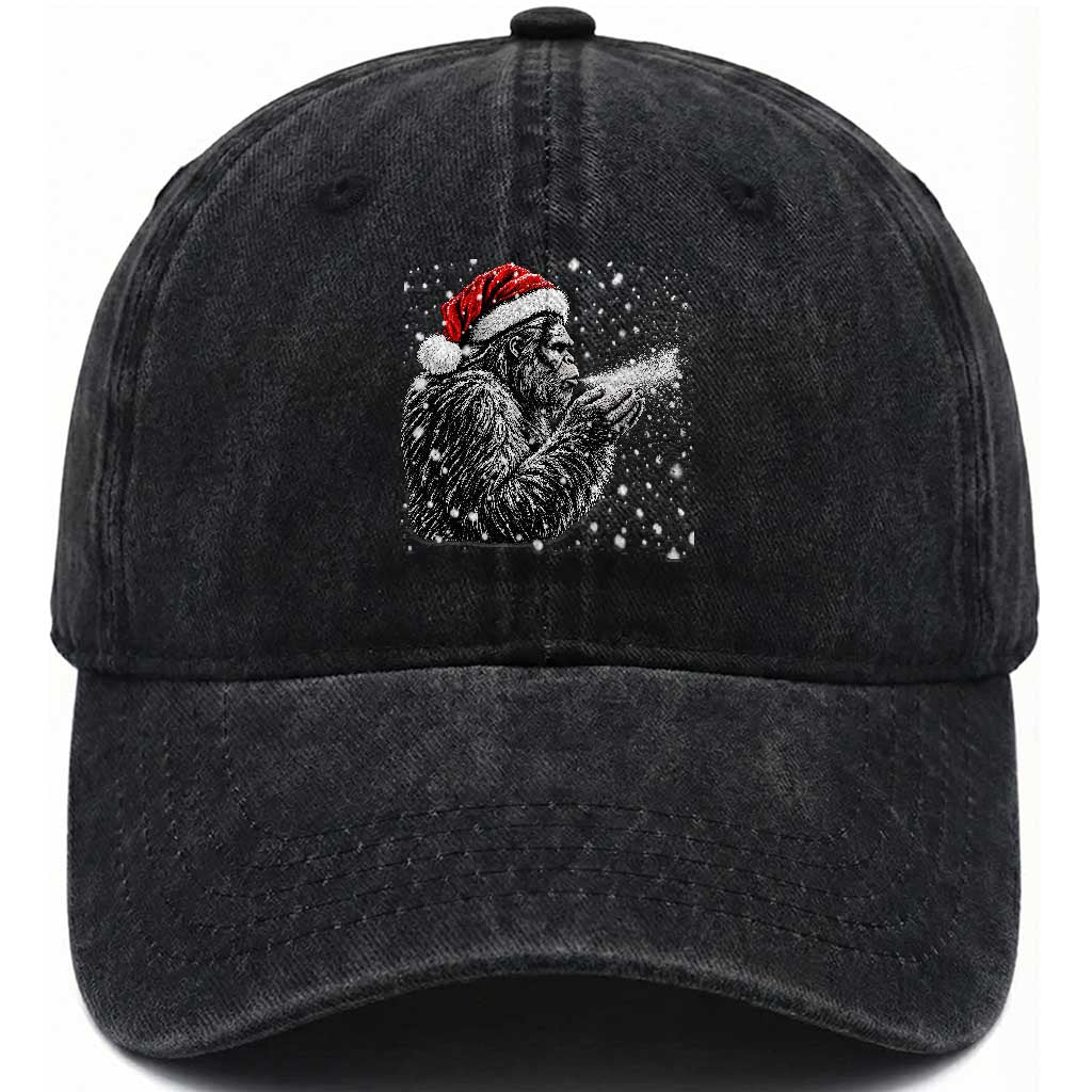 Christmas Bigfoot Blowing Snow Washed Cotton Baseball Cap Vintage Sasquatch Santa Hat Winter Graphic