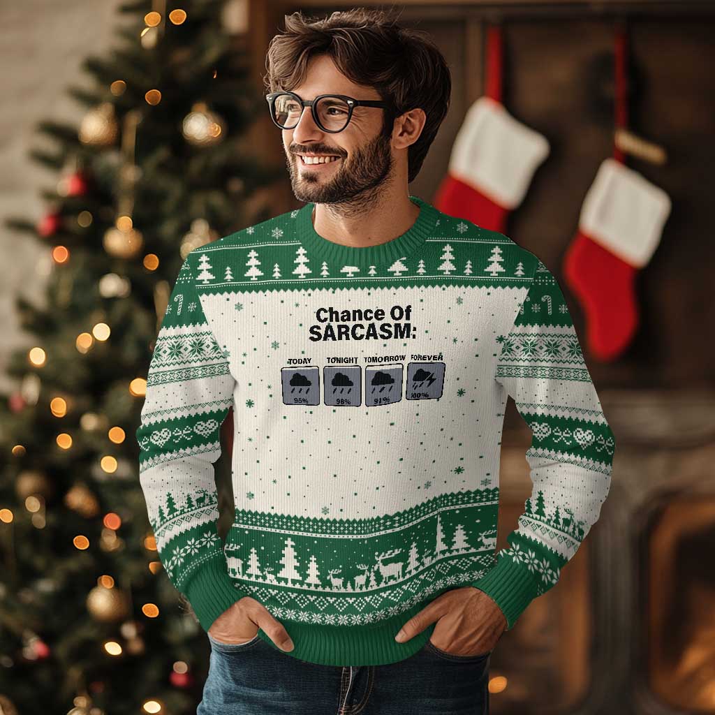 Funny Sarcastic Ugly Christmas Sweater Chance Of Sarcasm Forecast Weather TS10 Beige Green Print Your Wear