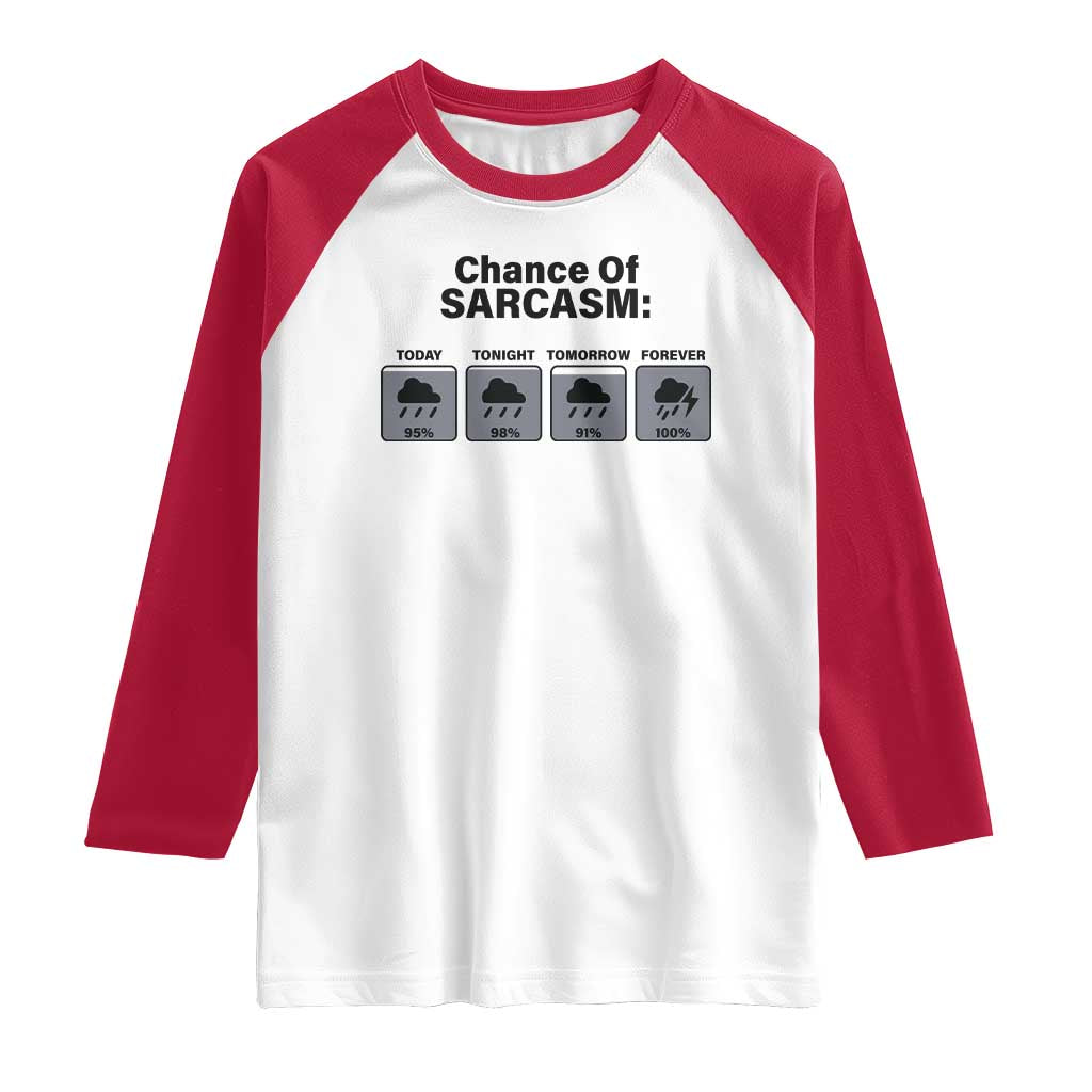 Funny Sarcastic Raglan Shirt Chance Of Sarcasm Forecast Weather TS10 White Red Print Your Wear