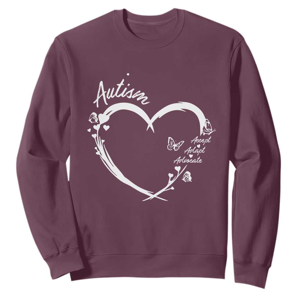 Autism Awareness Adaptation Sweatshirt Accept Adapt Advocate Love Heart TS10 Maroon Print Your Wear
