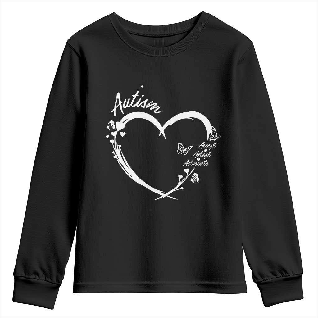 Autism Awareness Adaptation Youth Sweatshirt Accept Adapt Advocate Love Heart TS10 Black Print Your Wear