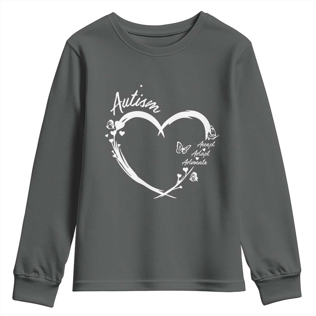 Autism Awareness Adaptation Youth Sweatshirt Accept Adapt Advocate Love Heart TS10 Dark Heather Print Your Wear