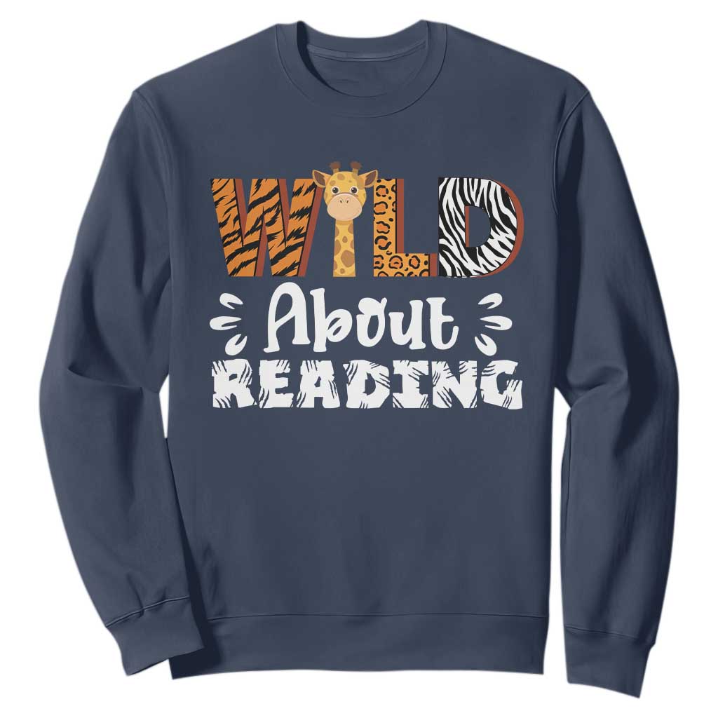 Wild About Reading Sweatshirt Cute Animal Print Reading Lover Kids Teachers TS10 Navy Print Your Wear