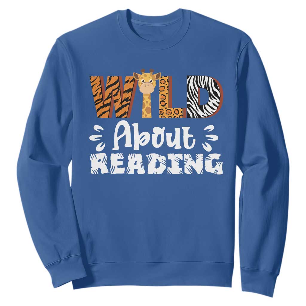 Wild About Reading Sweatshirt Cute Animal Print Reading Lover Kids Teachers TS10 Royal Blue Print Your Wear