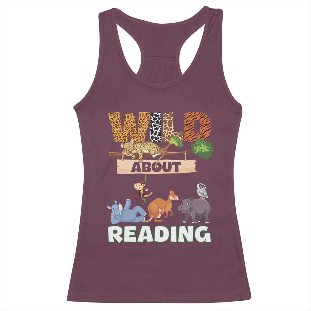 Wild About Reading Racerback Tank Top Cute Animal Book Lover Kids Teachers TS10 Maroon Print Your Wear