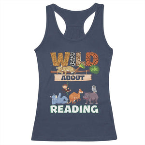 Wild About Reading Racerback Tank Top Cute Animal Book Lover Kids Teachers TS10 Navy Print Your Wear