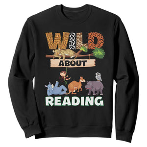 Wild About Reading Sweatshirt Cute Animal Book Lover Kids Teachers TS10 Black Print Your Wear