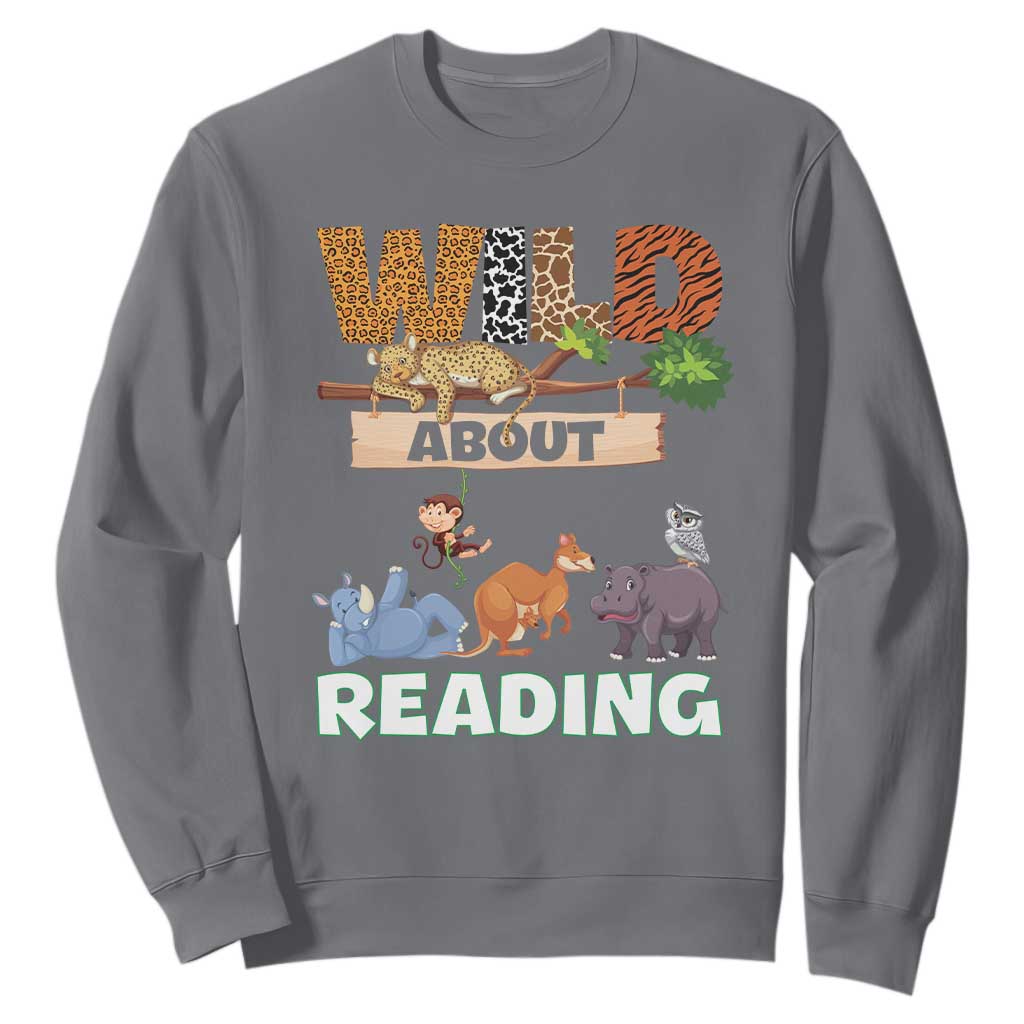 Wild About Reading Sweatshirt Cute Animal Book Lover Kids Teachers TS10 Charcoal Print Your Wear