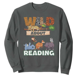 Wild About Reading Sweatshirt Cute Animal Book Lover Kids Teachers TS10 Dark Heather Print Your Wear