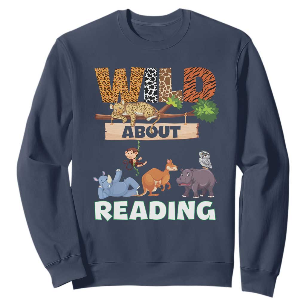 Wild About Reading Sweatshirt Cute Animal Book Lover Kids Teachers TS10 Navy Print Your Wear