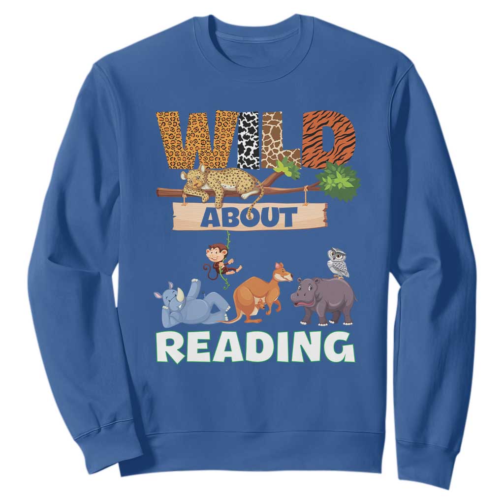 Wild About Reading Sweatshirt Cute Animal Book Lover Kids Teachers TS10 Royal Blue Print Your Wear