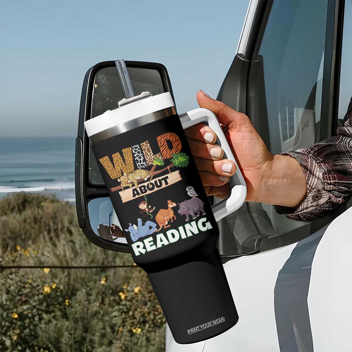 Wild About Reading Tumbler With Handle Cute Animal Book Lover Kids Teachers TS10 Print Your Wear