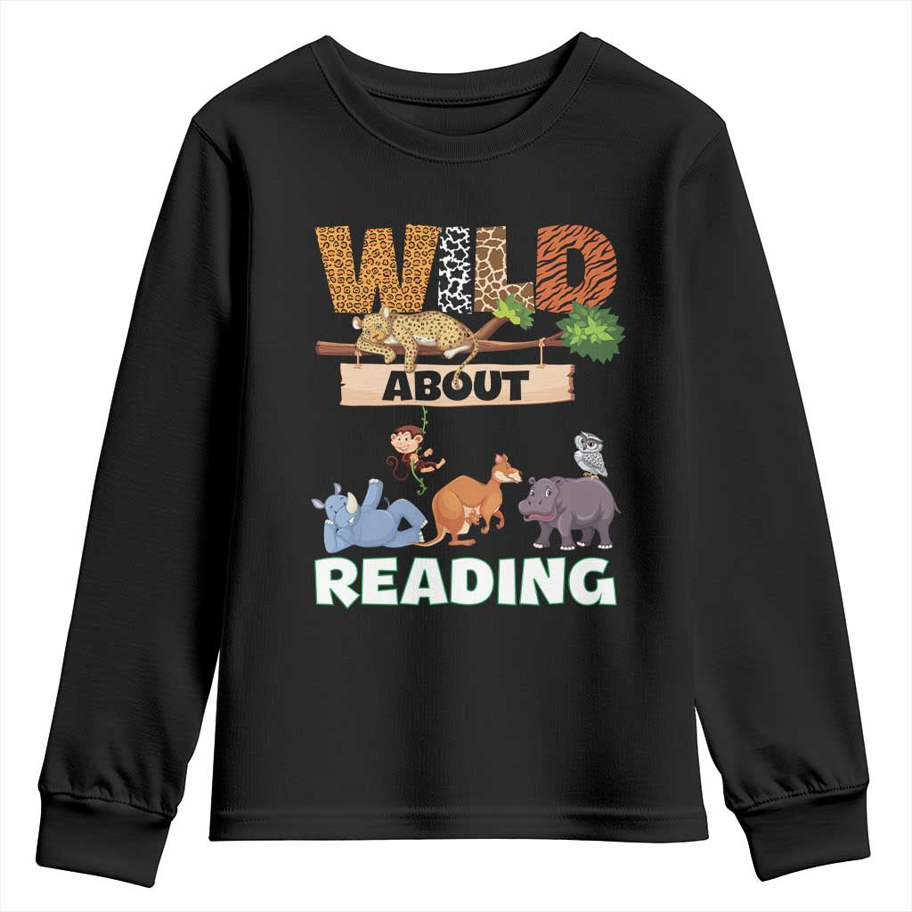 Wild About Reading Youth Sweatshirt Cute Animal Book Lover Kids Teachers TS10 Black Print Your Wear