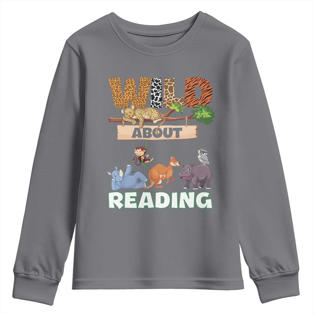 Wild About Reading Youth Sweatshirt Cute Animal Book Lover Kids Teachers TS10 Charcoal Print Your Wear