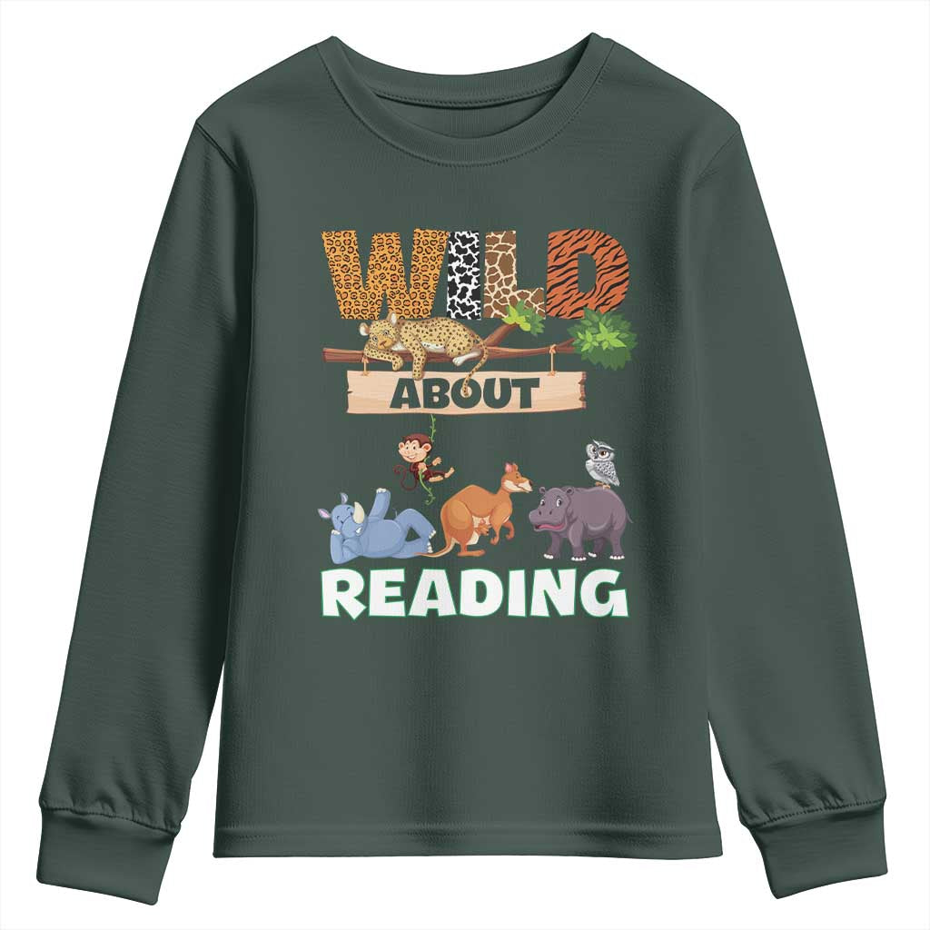 Wild About Reading Youth Sweatshirt Cute Animal Book Lover Kids Teachers TS10 Dark Forest Green Print Your Wear