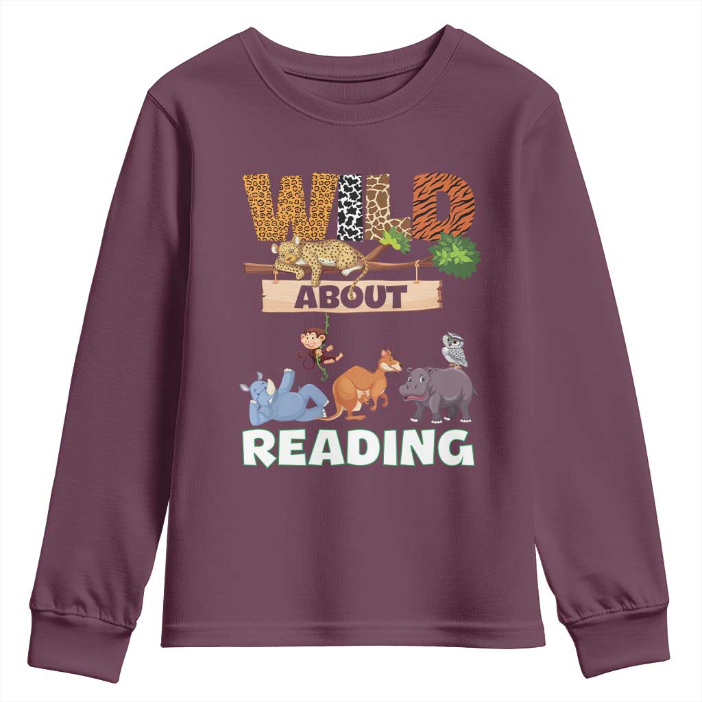 Wild About Reading Youth Sweatshirt Cute Animal Book Lover Kids Teachers TS10 Maroon Print Your Wear