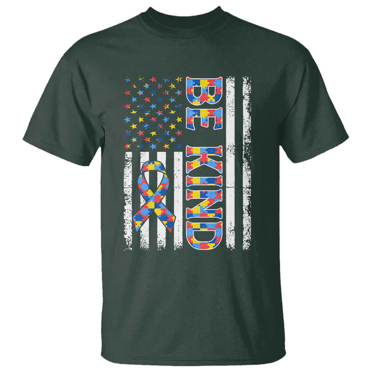 Be Kind Autism T Shirt USA flag Autistic Support TS10 Dark Forest Green Print Your Wear