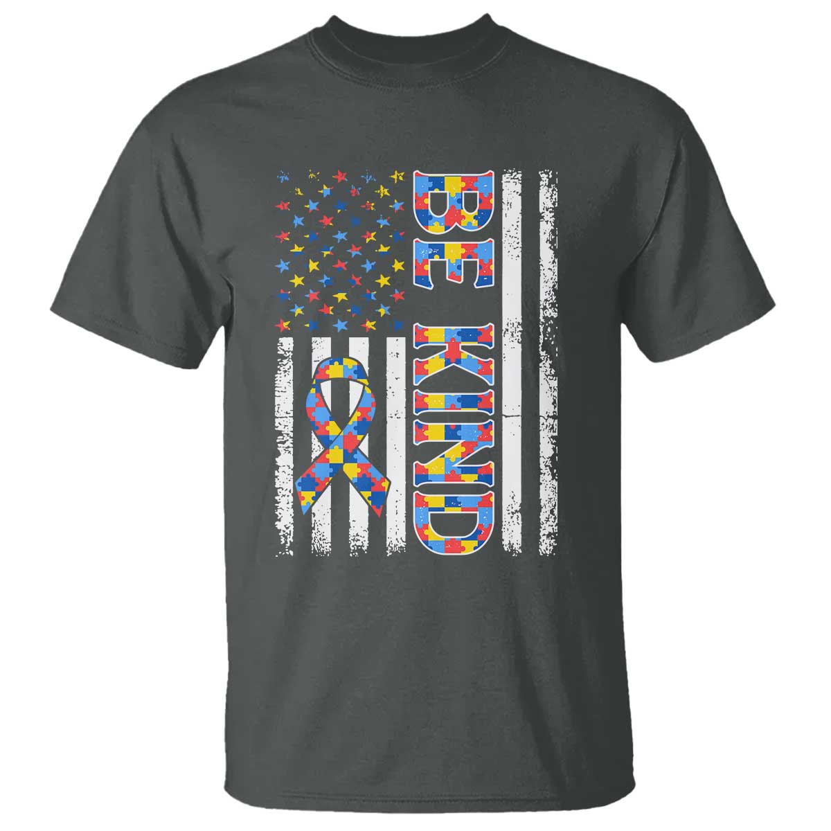 Be Kind Autism T Shirt USA flag Autistic Support TS10 Dark Heather Print Your Wear