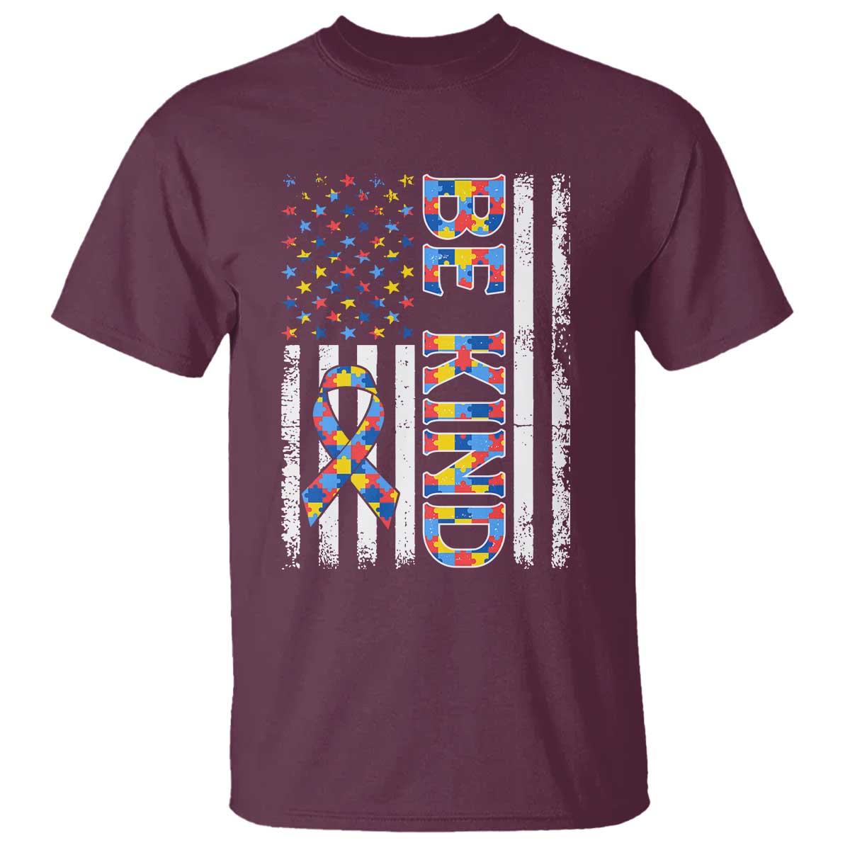 Be Kind Autism T Shirt USA flag Autistic Support TS10 Maroon Print Your Wear