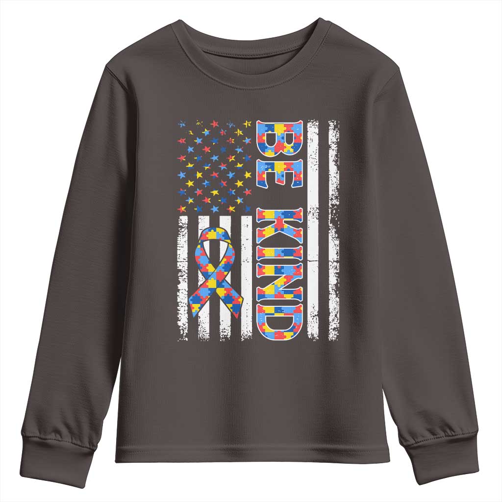 Be Kind Autism Youth Sweatshirt USA flag Autistic Support TS10 Dark Chocolate Print Your Wear