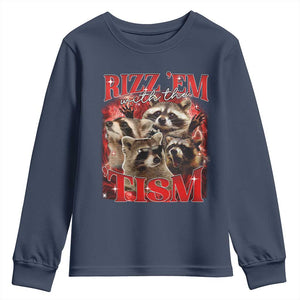 Autism Funny Youth Sweatshirt Rizz Em With The Tism Meme Autistic Racoon TS10 Navy Print Your Wear
