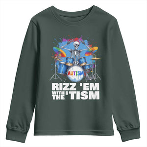 Autism Skeleton Meme Youth Sweatshirt Rizz Em With The Tism Meme Autistic Drummer TS10 Dark Forest Green Print Your Wear
