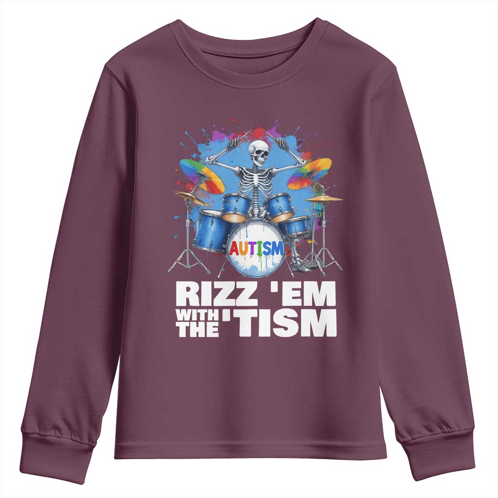 Autism Skeleton Meme Youth Sweatshirt Rizz Em With The Tism Meme Autistic Drummer TS10 Maroon Print Your Wear