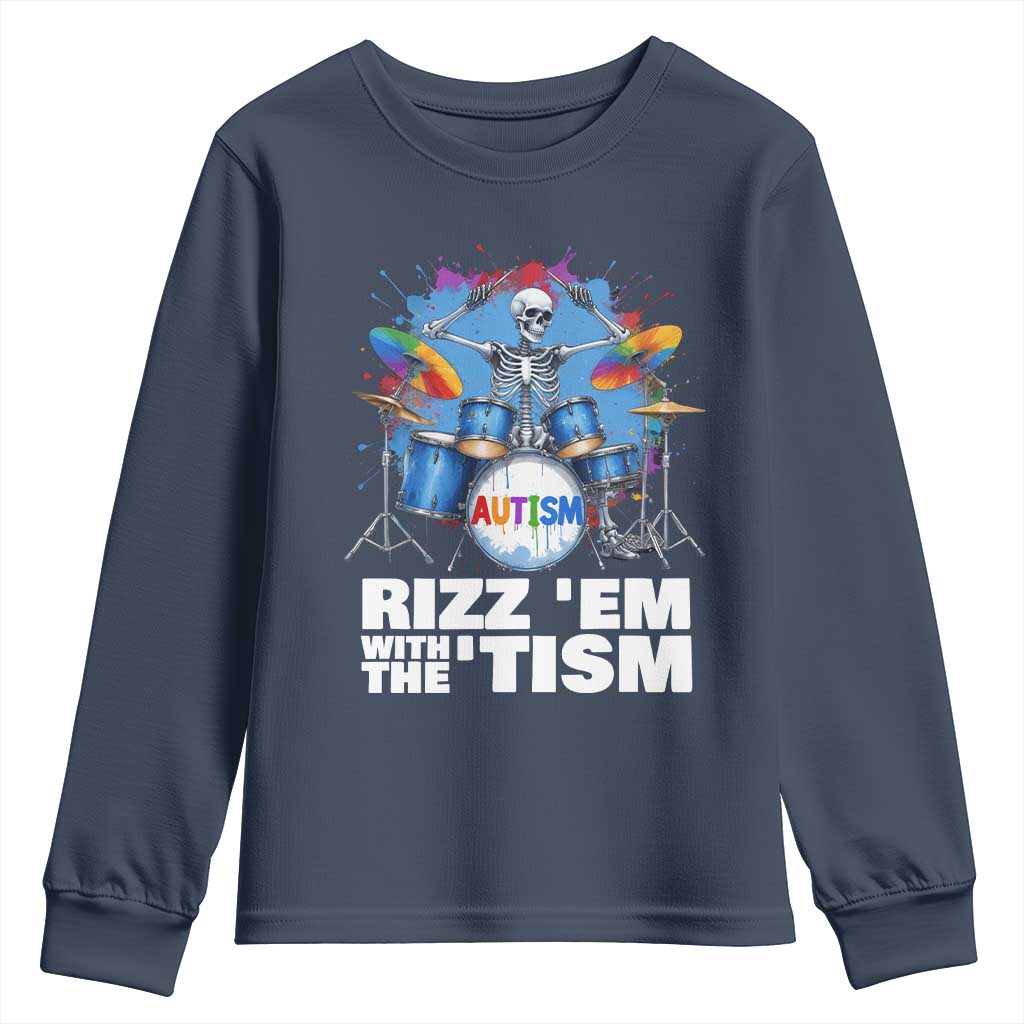 Autism Skeleton Meme Youth Sweatshirt Rizz Em With The Tism Meme Autistic Drummer TS10 Navy Print Your Wear
