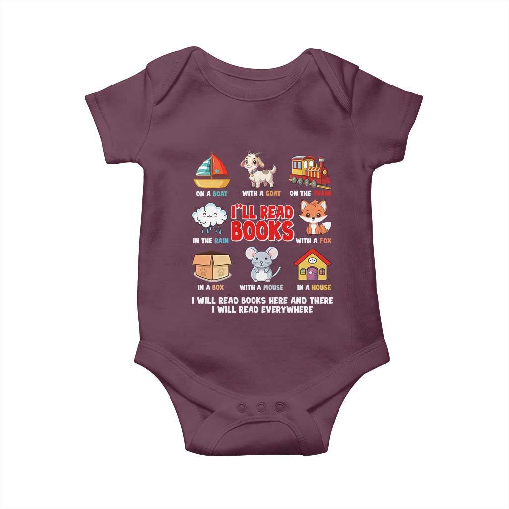 I Will Read Books On A Boat & Everywhere Reading Gifts Baby Onesie TS10 Maroon Print Your Wear