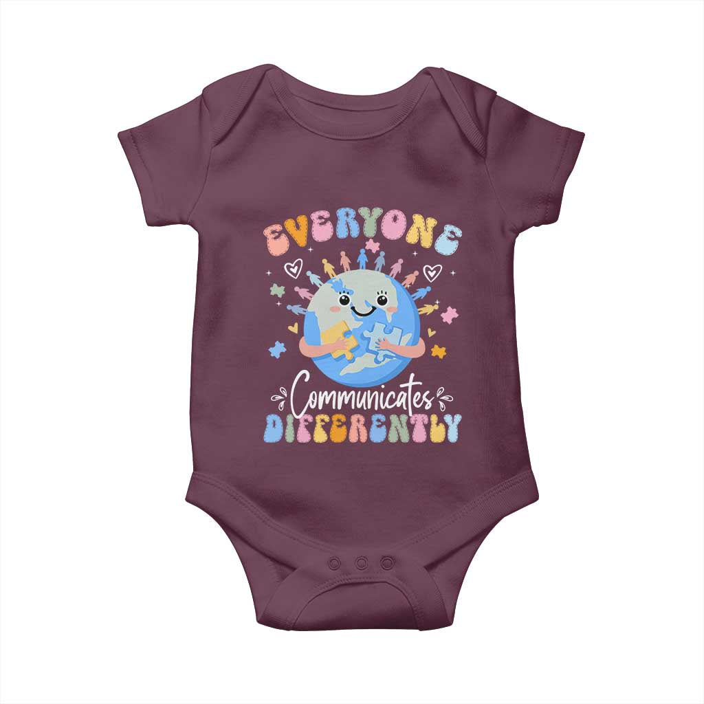 Autism Awareness Sped Teacher Baby Onesie Everyone Communicates Differently TS10 Maroon Print Your Wear