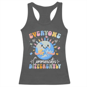 Autism Awareness Sped Teacher Racerback Tank Top Everyone Communicates Differently TS10 Dark Heather Print Your Wear