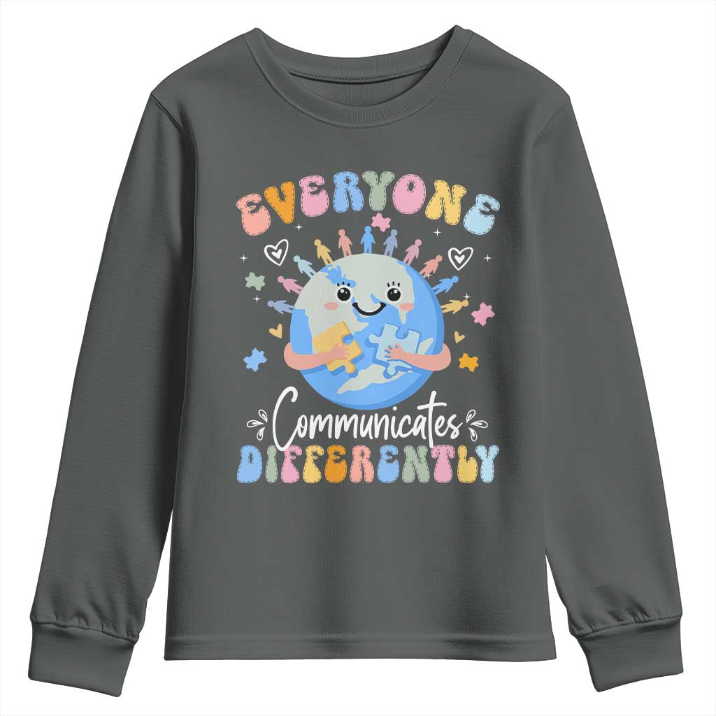 Autism Awareness Sped Teacher Youth Sweatshirt Everyone Communicates Differently TS10 Dark Heather Print Your Wear